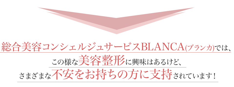 総合美容コンシェルジュサービスBLANCA(ブランカ)では、この様な美容整形に興味はあるけど、さまざまな不安をお持ちの方に支持されています！